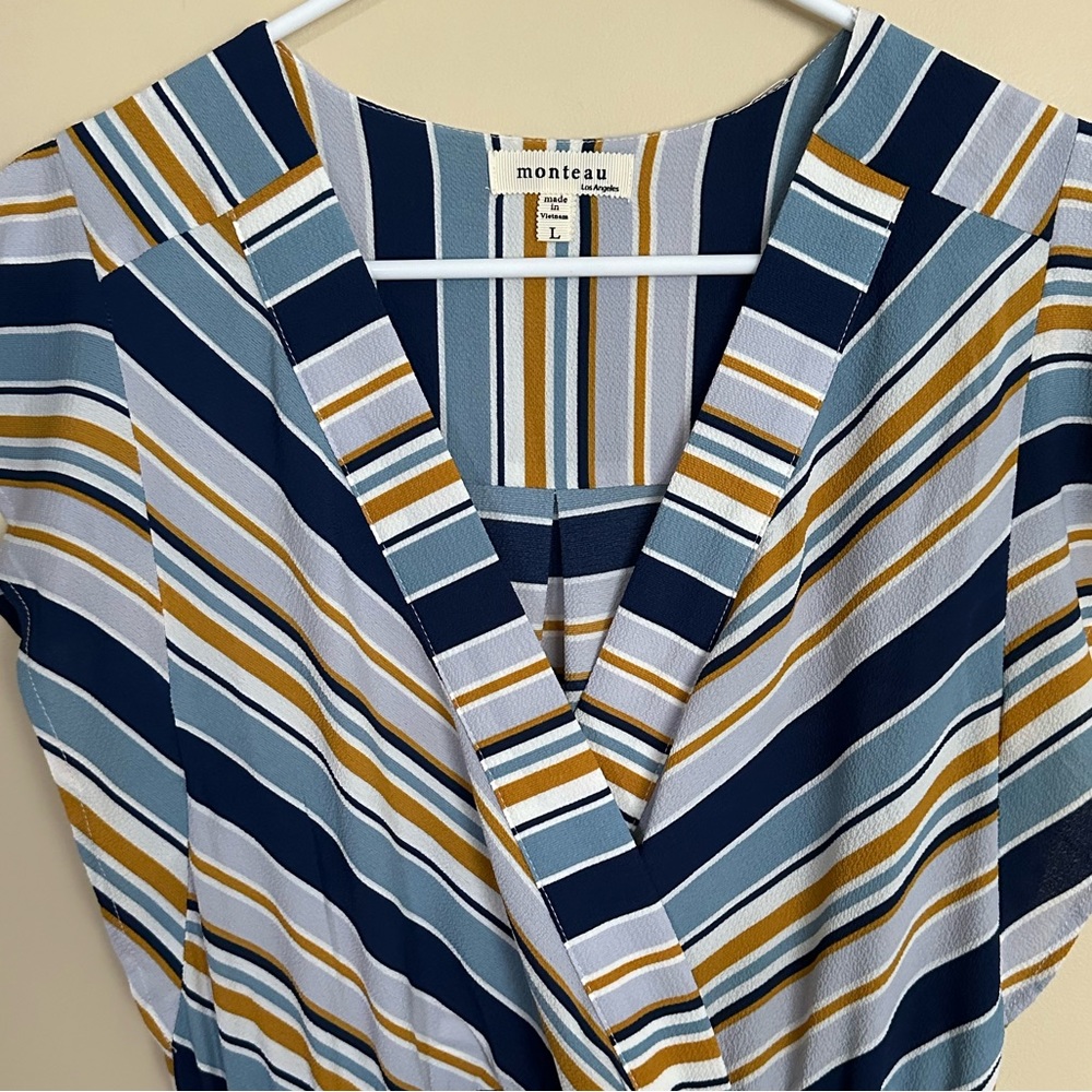 Blue and yellow striped flutter sleeve dress